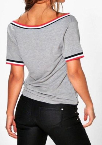 Grey Striped Print Backless V-neck Casual T-Shirt
