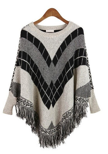 Grey Geometric Tassel Irregular Round Neck Long Sleeve Cloak Fashion Sweater