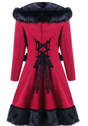 Red Patchwork Drawstring Tie Back Long Sleeve Chrismas Hooded Coat