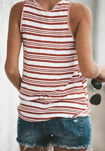 Red-White Striped Round Neck Casual Vest