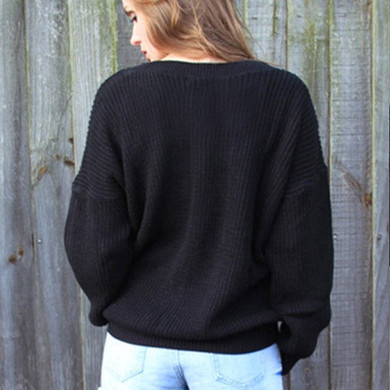 Casual Black Plain Irregular Round Neck Long Sleeve Knit Pullover Sweater