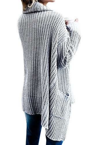 Grey Pockets Irregular Turndown Collar Long Sleeve Casual Cardigan Sweater