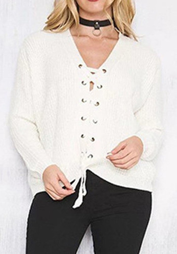 Casual White Plain Drawstring Collarless Long Sleeve Pullover Sweater