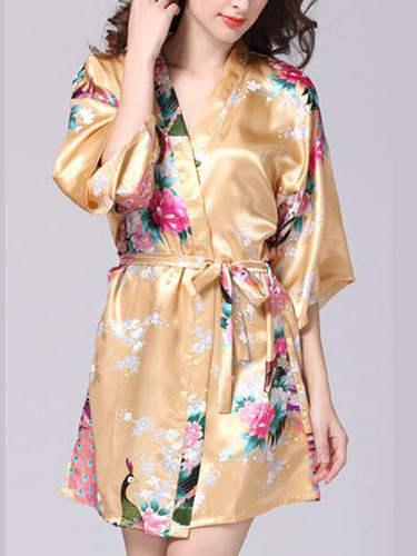 Casual Floral Kimono Satin Nightgown