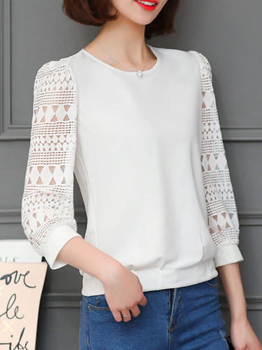 Casual Round Neck Patchwork Hollow Out Plain Blouse