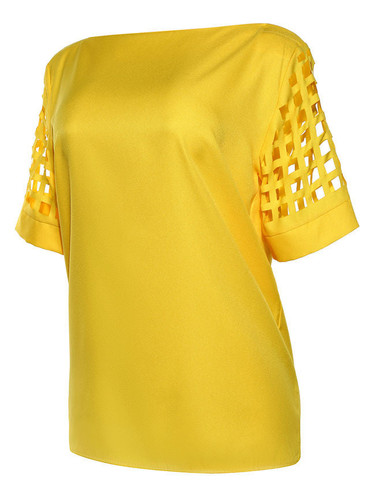 Casual Boat Neck Hollow Out Plain Chiffon Blouse