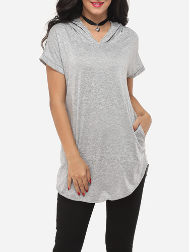 Casual Plain Pockets Delightful V Neck Short-sleeve-t-shirt