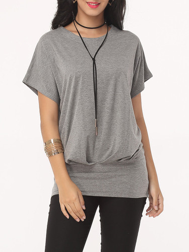 Casual Plain Batwing Exquisite Round Neck T-shirt