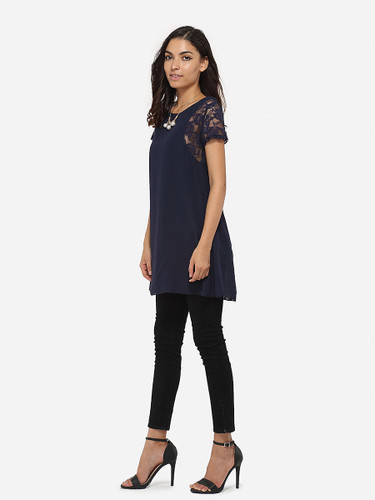 Casual Round Neck Dacron Hollow Out Lace Patchwork Plain Short-sleeve-t-shirt
