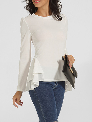 Casual Falbala Crew Neck Plain Long Sleeve T-shirt