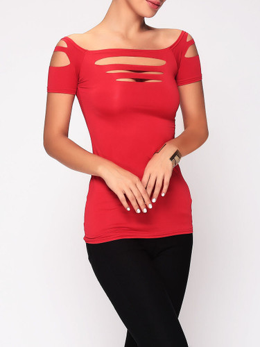 Casual Hollow Out Plain Short Sleeve T-shirt