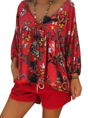 Plus Size Bow-printed V-neck Loose Blouses