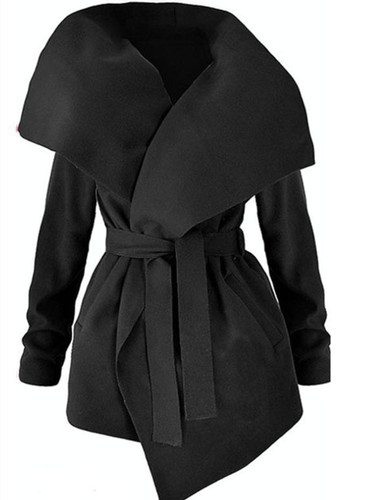 Solid Color Lapel Collar Belted Coat Tops