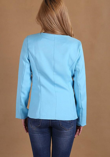 Blue Plain Zipper Irregular Long Sleeve Lapelless Blazer