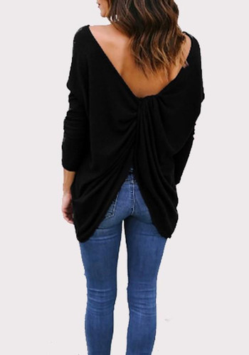 Black Plain Cross Back Irregular Round Neck Casual Pullover Sweater
