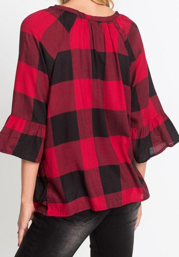 Red-Black Plaid 3/4 Sleeve Flare Sleeve V-neck Casual Oversized Blouse