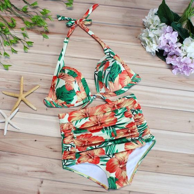 Orange Flowers 2-in-1 Tie Back Halter Neck High Waisted Swimwear