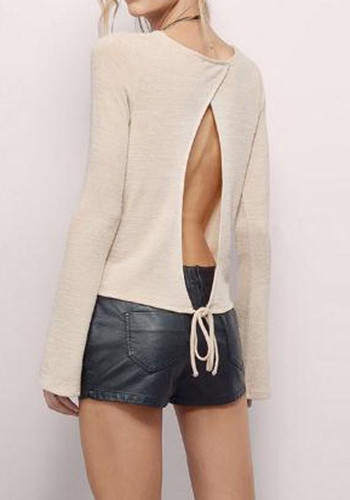 Apricot Plain Tie Back Cut Out Open Back Long Sleeve T-Shirt