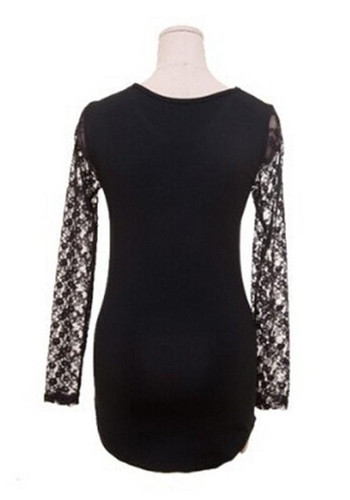 Black Patchwork Hollow-out Lace Cut Out Round Neck Slim T-Shirt