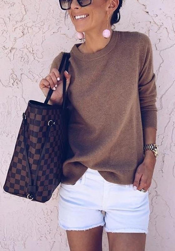 Brown Plain Round Neck Casual Pullover Sweater