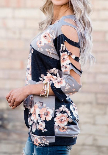 Grey Floral Hollow-out Round Neck Elbow Sleeve Loose T-Shirt