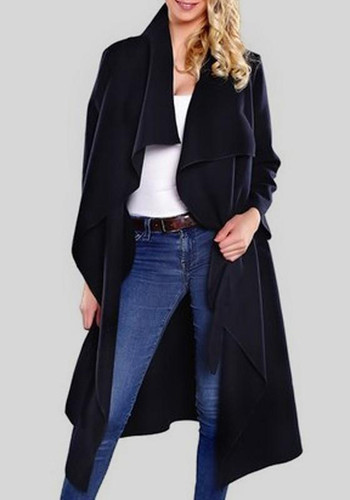 Black Sashes Pockets Turndown Collar Plunging Neckline Long Sleeve Cardigan Coat