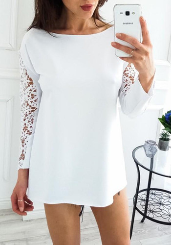 White Patchwork Lace Round Neck Long Sleeve Casual Blouse