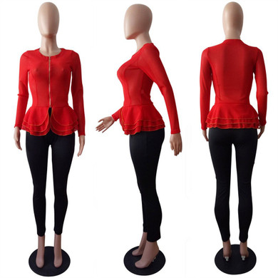 Red Zipper Ruffle Grenadine Peplum Clubwear Party Cardigan Coat