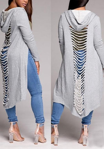 Grey Cut Out Destroyed Ripped Hooded Casual Cardigan Coat