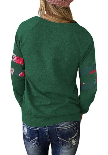 Green Floral Print Round Neck Long Sleeve Casual T-Shirt