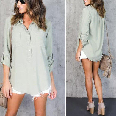 Green Plain Single Breasted V-neck Casual Blouse Green Plain Single Breasted V-neck Casual Blouse