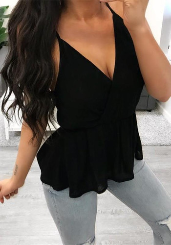 Black Draped Peplum Spaghetti Strap Deep V-neck Clubwear Cute Vest