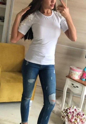 White Patchwork Lace Cut Out Pearl Round Neck Fashion T-Shirt
