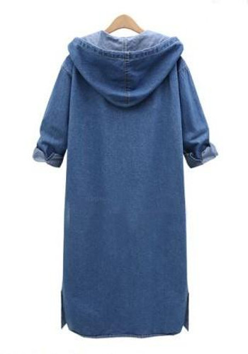 Dark Blue Drawstring Buttons Side Slit Hooded Casual Denim Long Coat