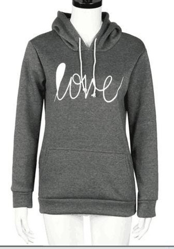 Dark Grey Love Monogram Print Drawstring Pockets Hooded Long Sleeve Casual Pullover Sweatshirt