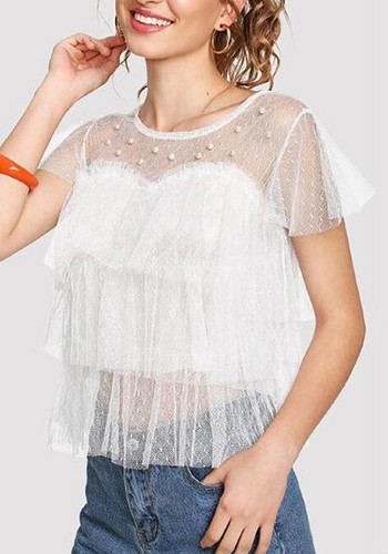 White Beaded Beading Grenadine Cascading Ruffle Going out Sweet Blouse