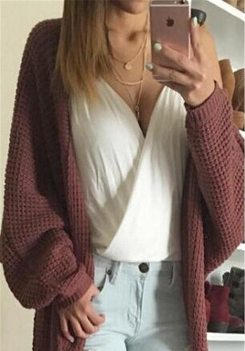Red Irregular V-neck Long Sleeve Casual Cardigan Sweater