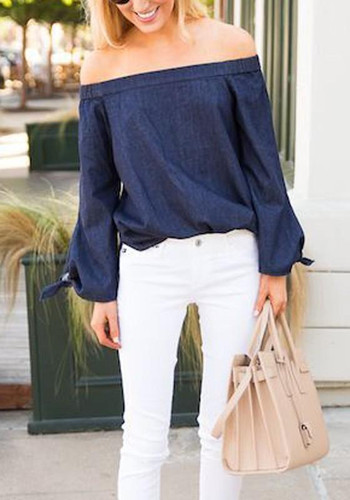 Blue Bow Off Shoulder Long Sleeve Fashion Jean Blouse