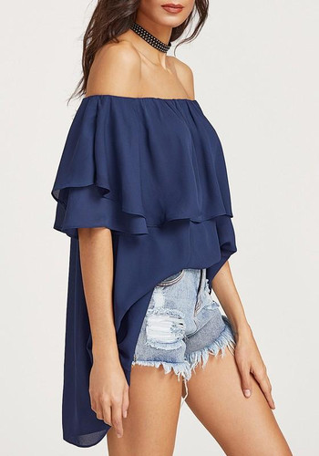 Dark Blue Ruffle Irregular Chiffon Off Shoulder Backless Going out Blouse