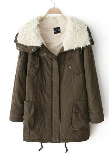 Army Green Drawstring Buttons Casual Thick Hooded Coat