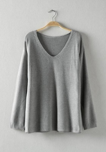Grey Plain V-neck Long Sleeve Loose Fashion Pullover Sweater
