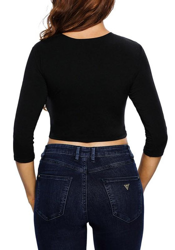 Black Patchwork Lace Up Drawstring Hollow-out Crop T-Shirt