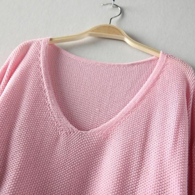 Pink Plain V-neck Long Sleeve Loose Fashion Pullover Sweater