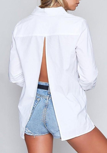White Plain Single Breasted Cut Out Irregular Turndown Collar Long Sleeve Blouse