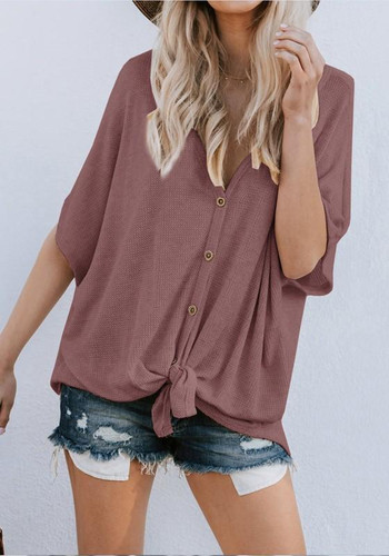 Burgundy Single Breasted V-neck Casual Going out Blouse