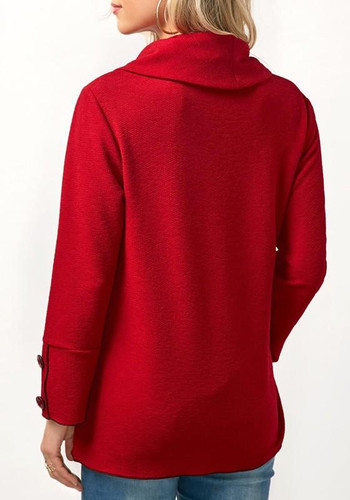 Red Buttons Irregular Ruffle Collar Cowl Neck Fashion T-Shirt