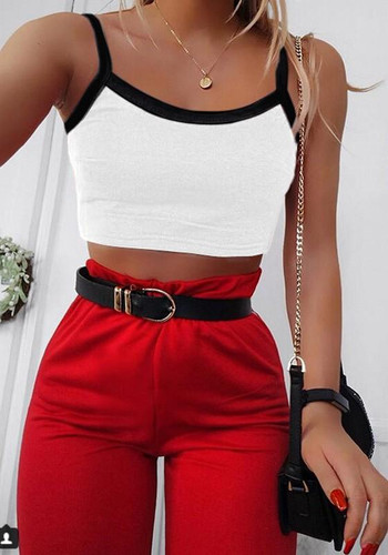 White Patchwork Midriff Condole Belt Round Neck Casual Vest