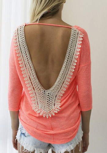Pink Patchwork Lace Backless Round Neck Fashion T-Shirt