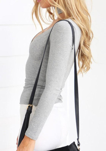Grey Plain Cut Out Zipper Halter Neck Band Collar Casual T-Shirt