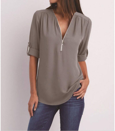 Grey Zipper Buttons V-neck Casual Blouse